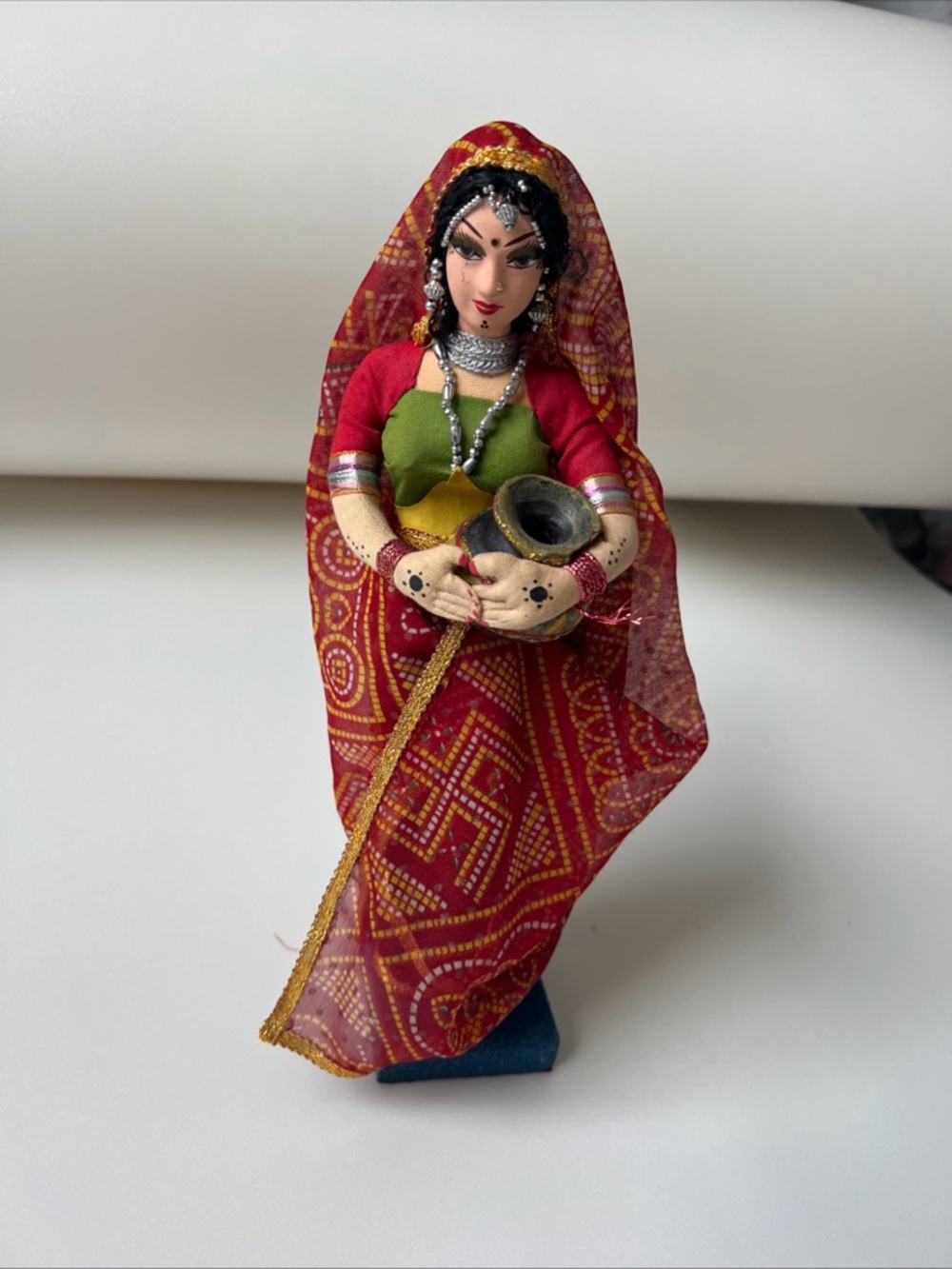 Red and Green Indian Woman Figurine with Pot